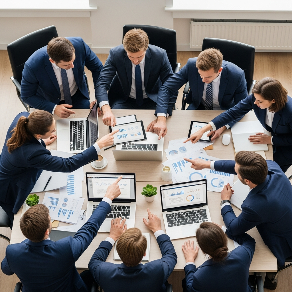 Enterprise team in boardroom reviewing fragmented data across multiple sources